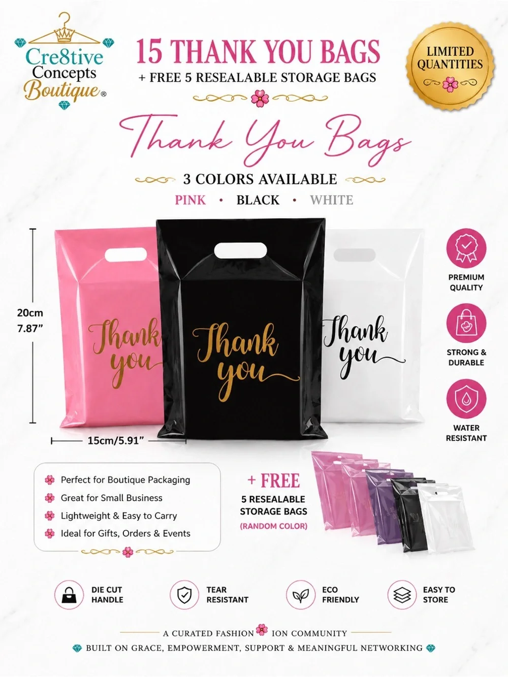 15 Thank You Boutique Bags + FREE 5 Resealable Storage Bags (Total 20pcs)